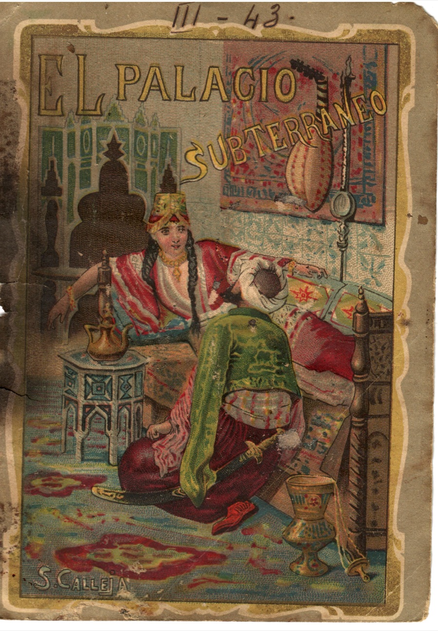 The original El Palacio Subterráneo booklet cover as found: stained, chipped, with a pencilled shelf mark