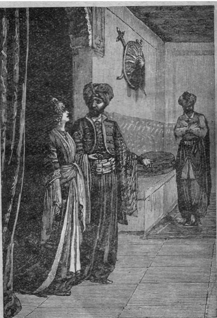 Restored engraving: figures in a grand interior