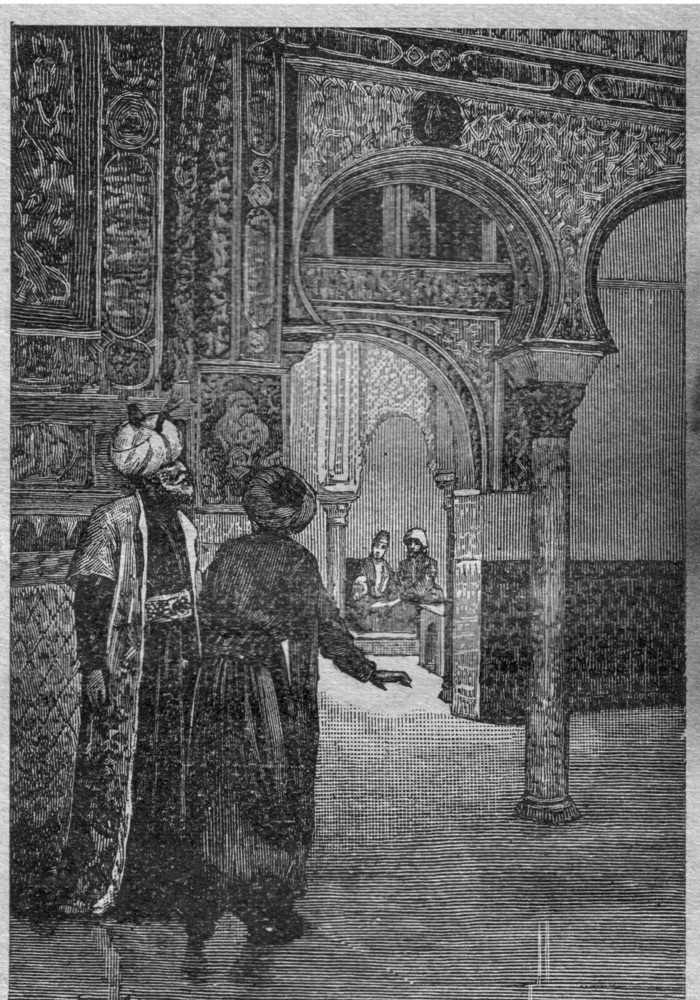Restored engraving: two men discover a couple seated in a subterranean hall